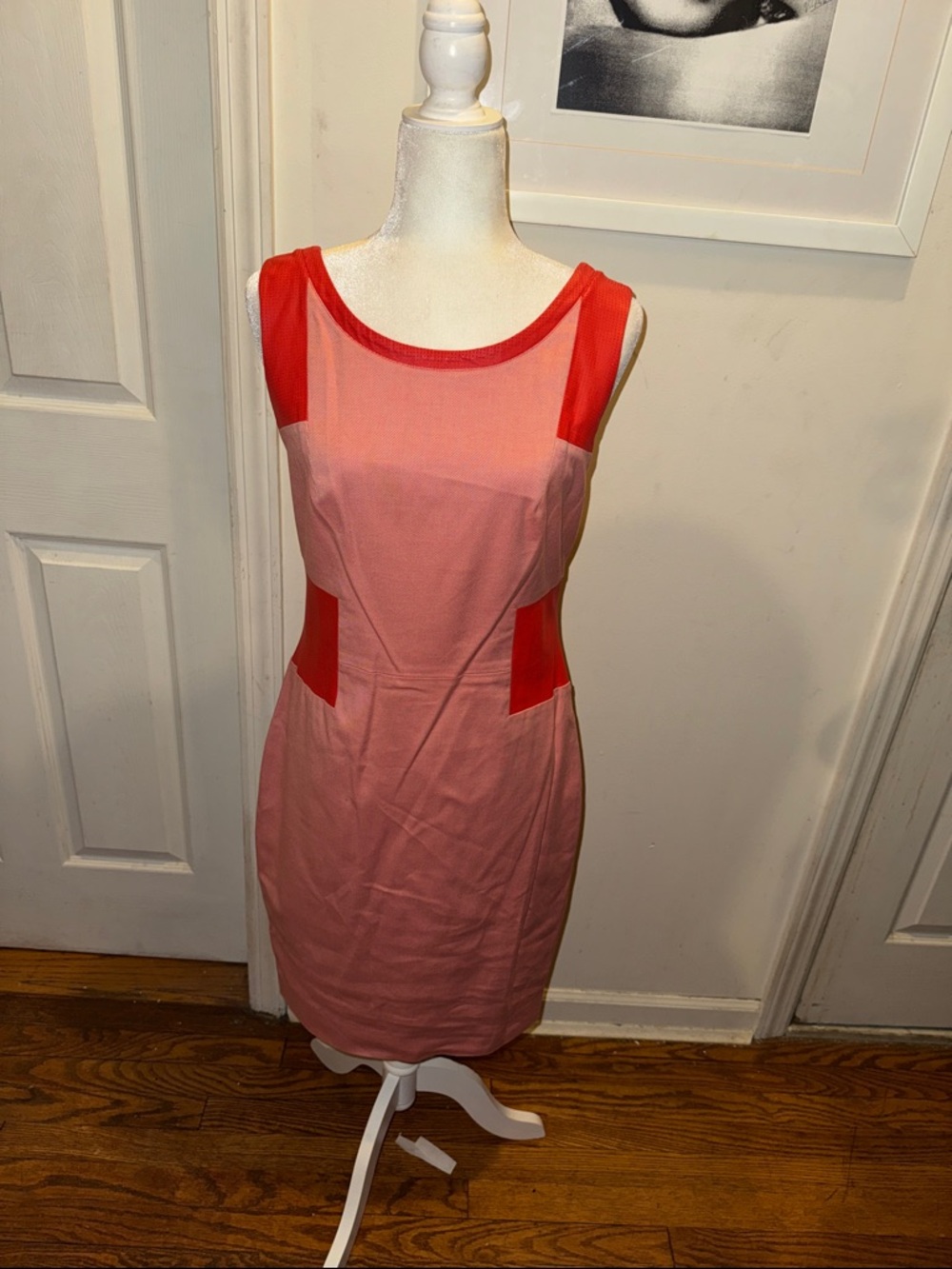 Sleeveless Pink and Red leather trim Sheath Dress 97% cotton